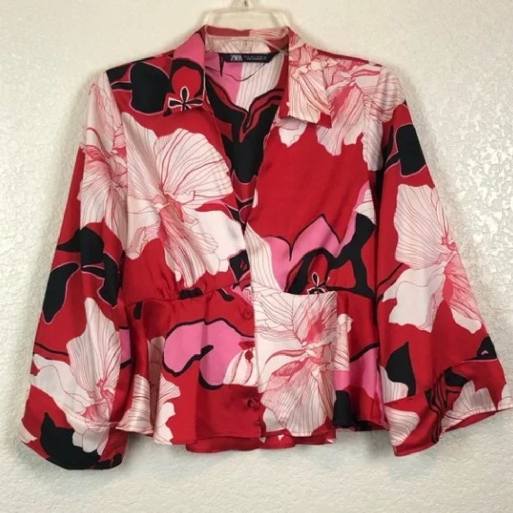 Zara Red Floral Button Down Peplum Top